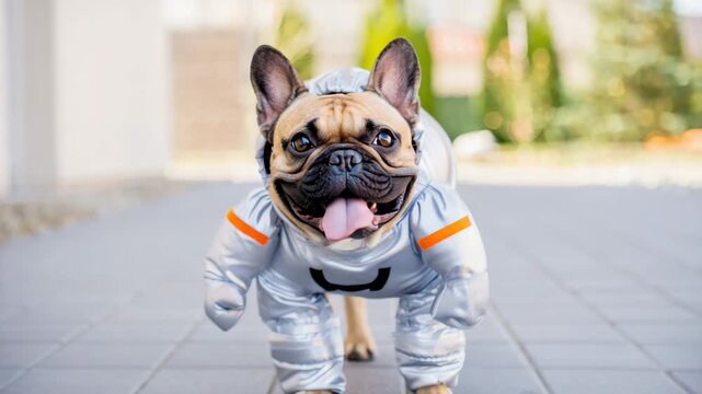 French bulldog in astronaut costume, funny pet outfit, dog in space suit, Halloween dog costume, playful street scene, creative dog fashion, space explorer theme, outdoor walk, canine cosplay