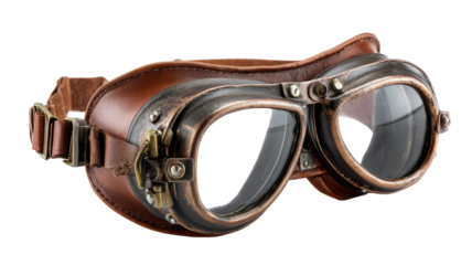 Vintage leather aviator goggles with metal frame and glass lenses, retro aviation equipment for pilot protection and style on white background
