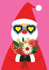 A bright and cheerful illustration of Santa Claus wearing colorful heart-shaped glasses and holding a bouquet of flowers. For Christmas greeting cards, posters, and holiday decor.
