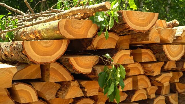 Stack of Teak Wood Logs - Freshly chopped teak logs and branches are stacked outdoors, ready for use. The cut ends of the wood reveal the beautiful grain pattern of the teak.