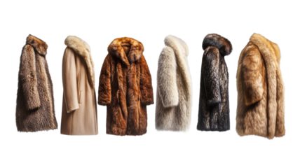 Luxury winter fur coats in various colors and textures, elegant fashion outerwear collection for stylish cold weather season on white background