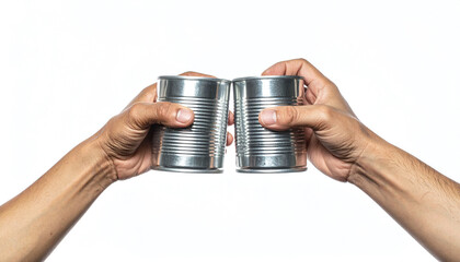 Two raised hands holding ribbed silver cans celebratory pose