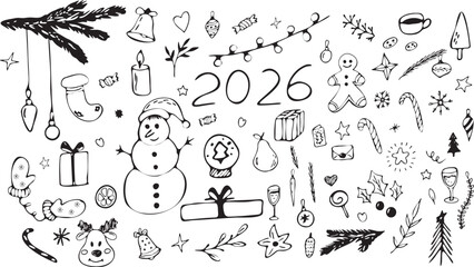 Fototapeta premium hand drawn Christmas elements, snow man, set of doodle