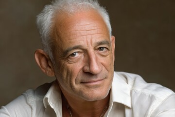 A thoughtful older man with short gray hair gazes directly at the camera, wearing a white shirt and gold chain, with a warm and friendly expression, indoor studio shot