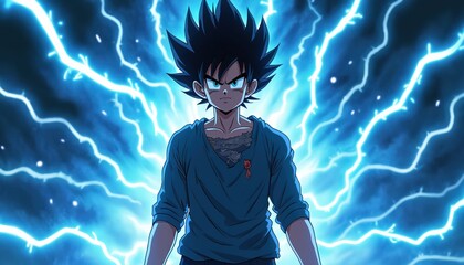 Anime character with serious look stands against electric lightnings. Powerful manga style illustration of hero boy with spiky dark hair. Energetic fantasy art. Digital design evokes strength,