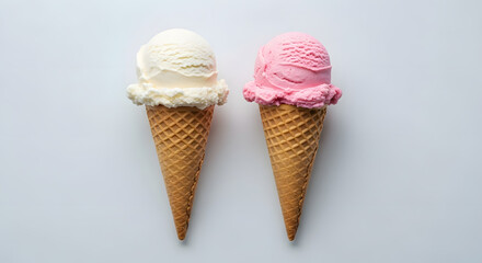 Two ice cream cones with vanilla and strawberry flavors