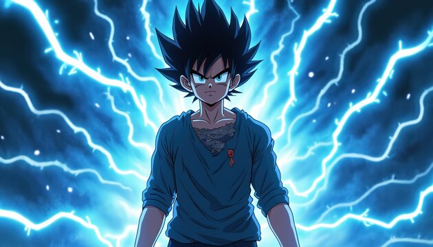 Anime character with serious look stands against electric lightnings. Powerful manga style illustration of hero boy with spiky dark hair. Energetic fantasy art. Digital design evokes strength,