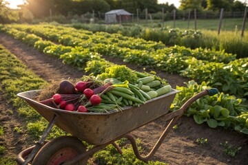 A wheelbarrow full of vegetables including radishes, carrots, and green beans