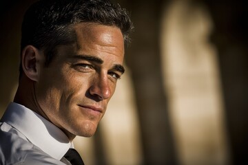 Fototapeta premium Portrait of a mature businessman with a confident gaze, wearing a white shirt and tie, standing in front of an office building with a serious look on his face.