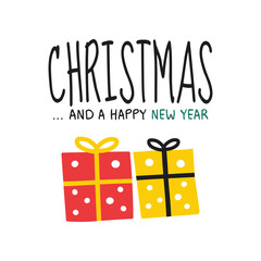 Simple Merry Christmas Greeting with Gifts and Tree on White Background