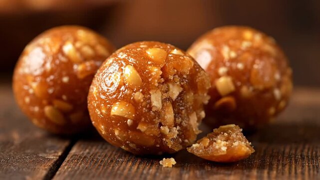 Dink Laddu Sweet Treat - A close-up shot showcases three Dink Laddu, a traditional sweet made with edible gum and nuts. One of the laddus has a bite taken out of it, revealing its interior texture.