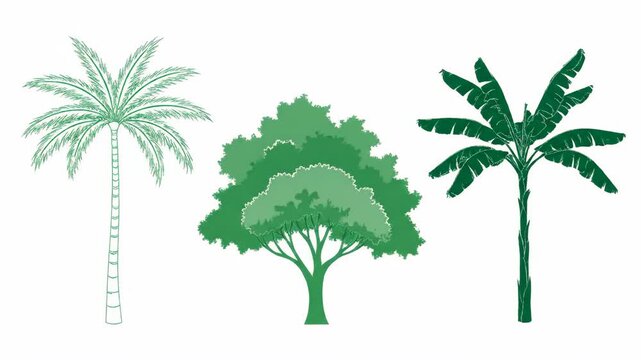 Tropical Tree Illustrations Set - This video features three different types of green tropical trees illustrated on a plain white background.