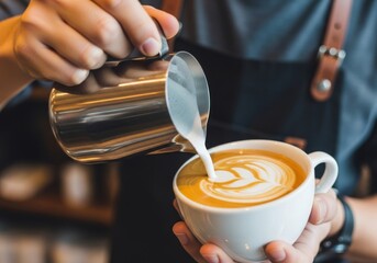 Barista's skillful hands pouring frothed milk to craft beautiful latte art in a fresh coffee cup