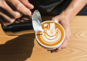 Expert Barista Hand-Crafting Elegant Swan Latte Art with Fresh Milk Pour for Gourmet Coffee Experience