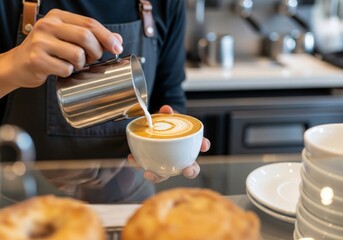 Skilled Barista Crafting Beautiful Latte Art in a Modern Coffee Shop Environment