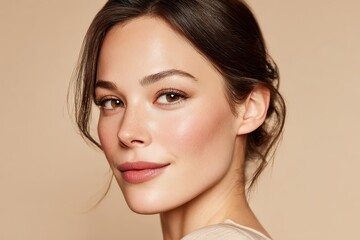 Fototapeta premium Close-up portrait of a beautiful young woman with perfect skin and subtle makeup, showcasing natural beauty and healthy skincare routine on a neutral background.