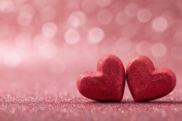 Obraz premium Red Glitter Hearts on a Sparkling Pink Background for Romantic Occasions or Celebrations
