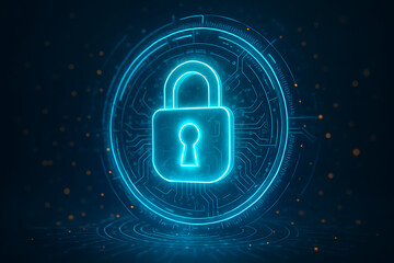 Cybersecurity shield protecting digital data with advanced encryption technology in futuristic glowing neon interface