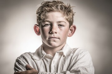 Fototapeta premium Serious studio portrait of a young boy with freckles, messy hair.