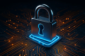 Cybersecurity lock protecting data on glowing circuit board with digital security and modern encryption technology