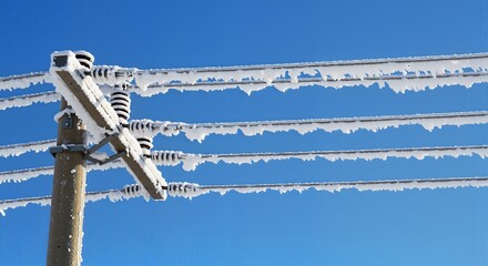 Ice-covered power lines against a clear blue sky in winter  