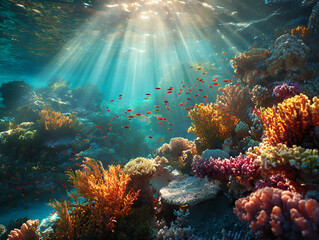 Obraz premium Sunlight dappled coral reef garden closeup