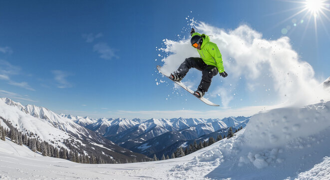Snowboarder jumping off slope while skiing in winter landscape  