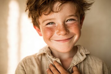 Candid close-up portrait of a joyful boy with freckles and a genuine smile.