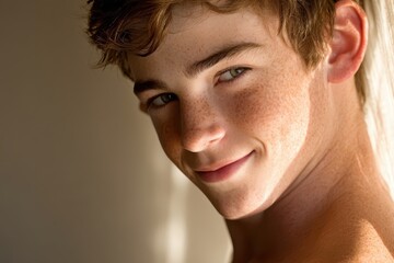 Obraz premium Smiling young man with freckles and captivating eyes in natural light, close-up.