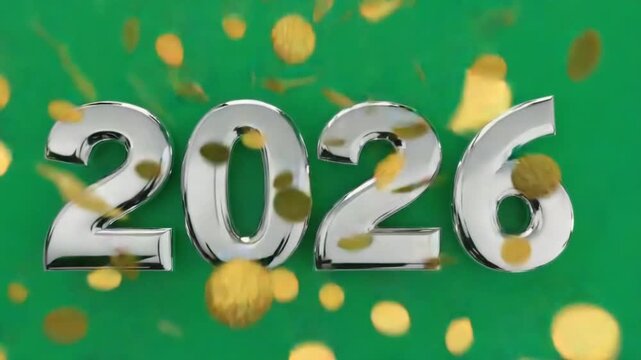 Silver year numerals two thousand twenty six on a green background with gold spheres floating video