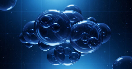 Abstract cluster of iridescent blue translucent spheres and bubbles floating in dark blue water with light rays