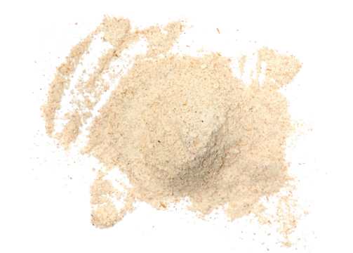 Pile of integral spelt flour isolated on white background, top view, clipping path