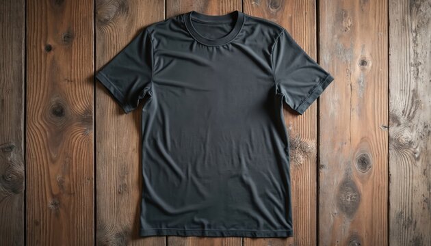 Gray tshirt rests on aged wood table. Casual apparel on wood grain surface. Stylish blank clothing template for branding design and fashion retail. Unisex shirt mockup for logo.
