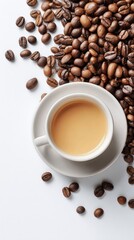 Obraz premium Coffee Cup Surrounded by Scattered Coffee Beans on a Clean White Surface