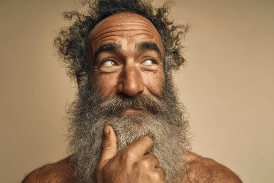 Expressive portrait of a man with a long, grey beard and curly hair, contemplating.