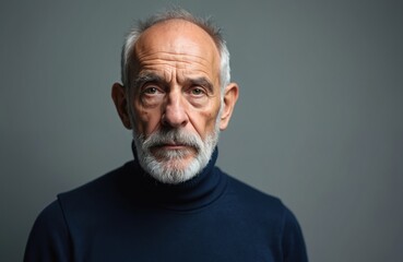 Fototapeta premium Serious elderly man with grey beard looks directly at camera. He wears a dark turtleneck sweater and has receding hairline. His expression is thoughtful and intense, on a plain grey studio backdrop.