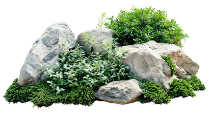 Cutout rock surrounded by shrubs on transparent background.

