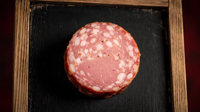 Ham Sausage Slice on Blackboard - A close-up shot of a single slice of ham sausage, revealing its texture and composition.