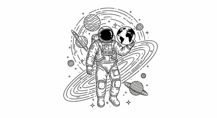 Astronaut Holding Earth in Space with Planets and Stars.