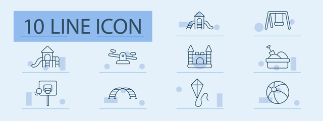 Playground set icon. Line icons with slide, swing, see-saw, castle, sandbox, basketball hoop, ball, kite, bridge arch, climbing tower