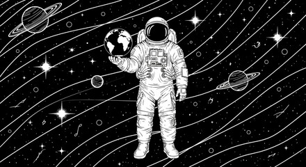 Black and white illustration of an astronaut holding Earth. © faidzalikah