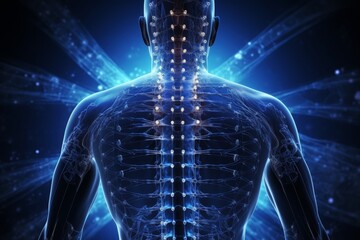 Detailed Human Anatomy Illustration in Sci-Fi Style, Back View Highlighting Backbone and Ribcage