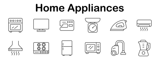 Home appliances set icon. Oven, monitor, sewing machine, kitchen scale, iron, air conditioner, hood, cooktop, fridge, microwave, vacuum, blender outlined cleanly.