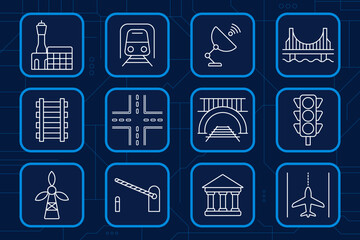 Infrastructure set icon. Airport, subway, satellite, bridge, railway, intersection, tunnel, traffic light, wind turbine, barrier, government building, airplane, transport, communication, urban system.