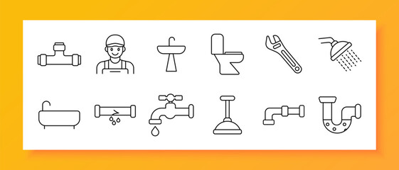 Plumbing set icon. Bathtub, sink, toilet, wrench, shower, plumber, pipe, faucet, leak, plunger, repair, maintenance, bathroom, installation, tool, drain, water, service, fixing, equipment.