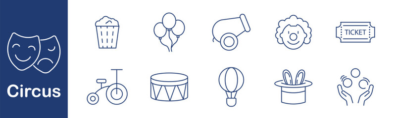 Circus set icon. Popcorn, balloons, cannon, clown, ticket, unicycle, stage, tent, bunny, magician hat, juggler, balloon show, performance, fun.