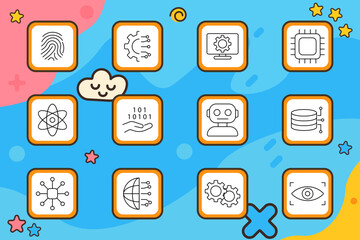 Technology set icon. Fingerprint, chip, robot, code, atom, database, AI, vision, settings, network, internet, processor, programming, automation, innovation.
