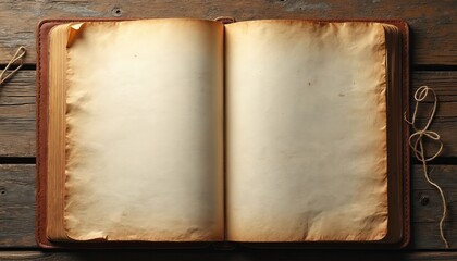 Old open book with aged pages on wooden table. Blank pages for text or design. Vintage style with leather cover texture. Concept for writing literature art