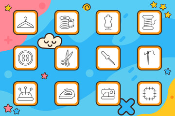 Sewing set icon. Hanger, thread, mannequin, button, scissors, needle, iron, thimble, pin cushion, sewing machine, patch. Tailoring, textile, handmade, fashion.