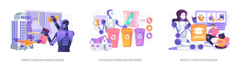 Cleaning, Recycling, and Robot Tutor abstract concept vector illustrations.